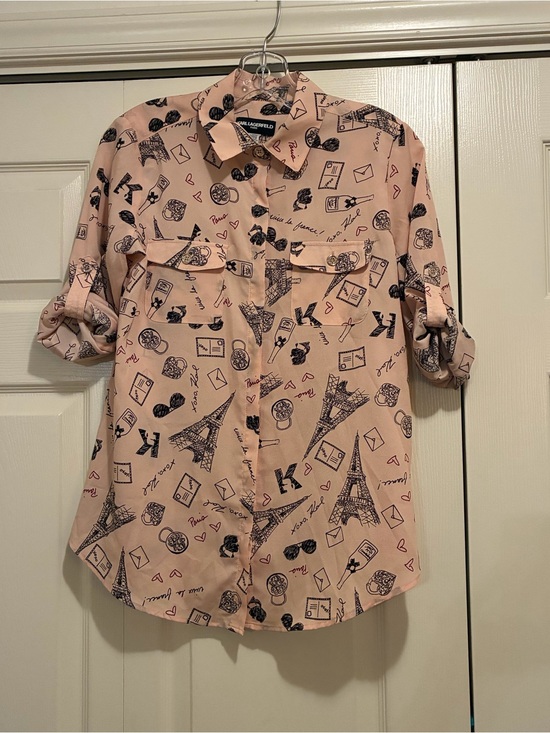 Karl Lagerfeld Tops - Karl Lagerfeld Pink Paris Theme Print Button-Up Shirt